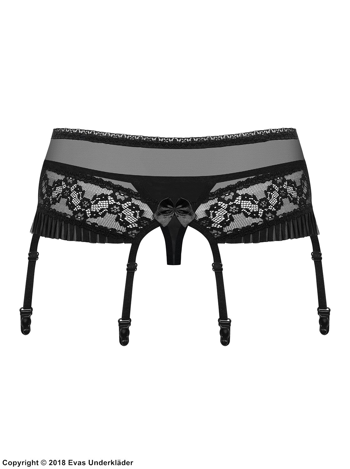 Garter belt and panty, floral lace, mesh inlay, pleated trim